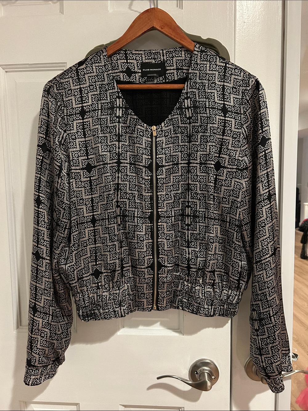 Club Monaco Black and White Patterned Zip Bomber Jacket